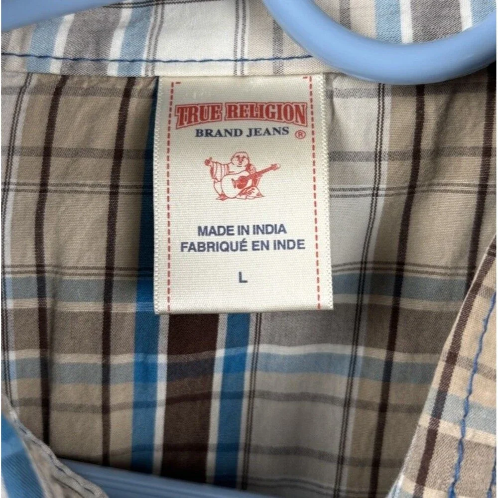 True Religion Button Up Shirt Mens Large Beige Pearl Snap Plaid Western Cowboy